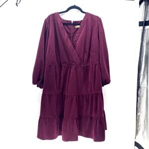 Melonie T Tier Corduroy Dress Wine V Neck Mini Fit Christmas size 20